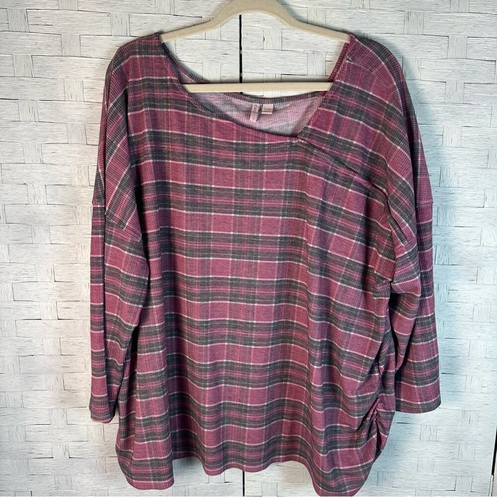 CATO Womens Top plaid‎ square neck waffle fabric ruched side 3/4sleeve plus size